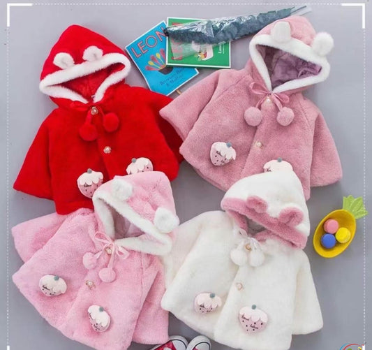 Girls' Furry Winter Cape with Cute Hood & Strawberry Details – Cozy & Adorable