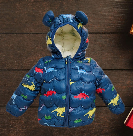 Kids' Dino-Themed Puffer Jacket with Cute Ears – Warm & Stylish Winter Wear