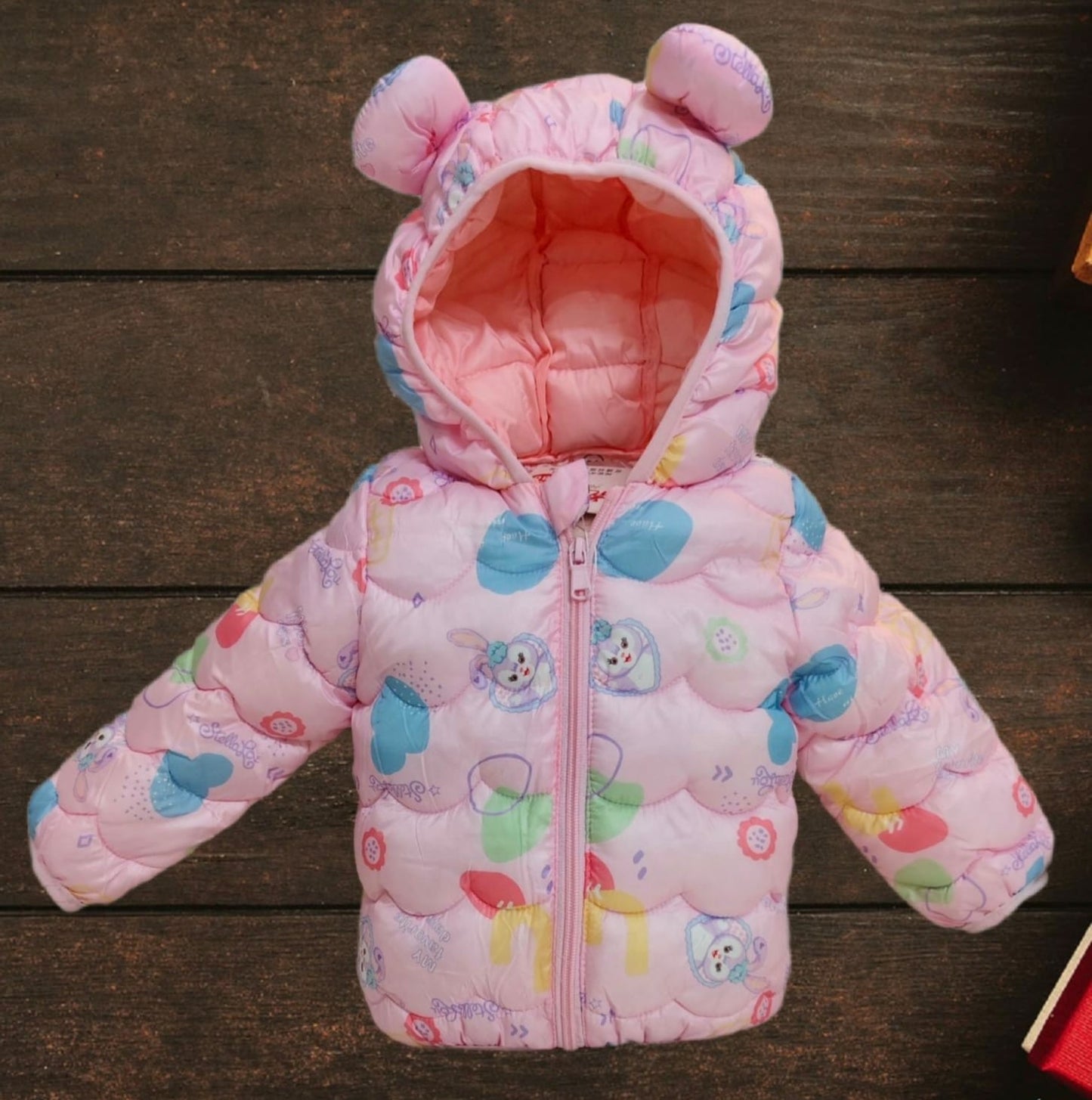 Kids' Pink Bunny Print Puffer Jacket with Cute Ears – Cozy Winter Wear